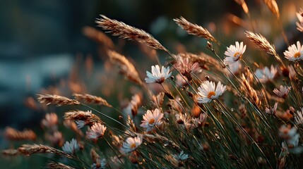 Golden hour illuminates delicate wildflowers and swaying grass