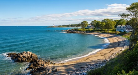 Obraz premium Serene Coastal Scene with Sandy Beach and Rocks.