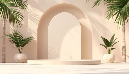 Serene Archway with Potted Palm Trees.