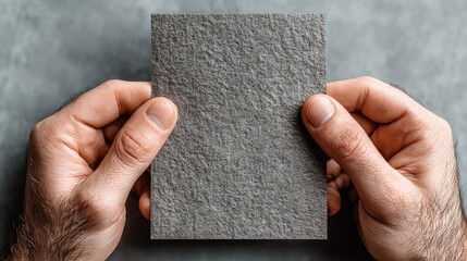 Hands carefully holding a textured grey material sample, perfect for interior design or construction material selection inspiration.