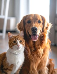 A golden retriever and a tabby cat sit close together indoors, showcasing a friendly bond, smiling faces. Natural light bathes the animals