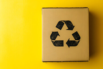 Closeup of a recycling symbol printed on a cardboard box - symbolizing the role of packaging in sustainable practices and recycling yellow background