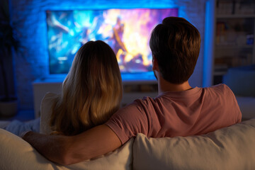 Couple watching a streaming movie on a couch at home, streaming provider, streaming services 