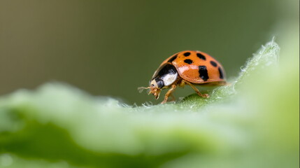 Fototapeta premium Close-up of an orange ladybug walking across a soft-textured green leaf, captured in a natural setting