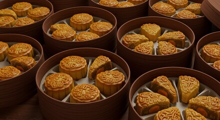 黄金色の焼き色が美しい繊細な模様の月餅が円形のギフトボックスに丁寧に並べられる柔らかな光が全体を包み込み伝統的な美しさを際立たせる. AI Generated