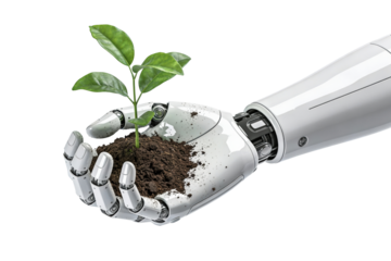 Robotic hand holding soil with a growing plant, symbolizing sustainable technology, green AI, and environmental innovation. Isolated PNG clipart for ecology, growth, and future concepts.