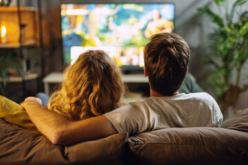 Couple watching a streaming movie on a couch at home, streaming provider, streaming services 