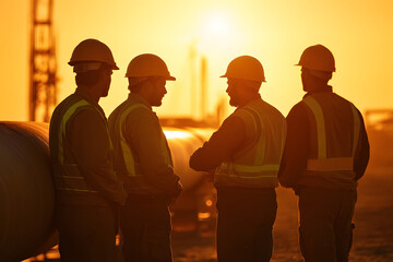 Oil and gas workers intensely discussing plans in front of a large pipeline yellow background