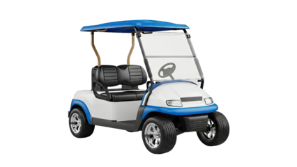 White and Blue Golf Cart with Blue Roof and Chrome Wheels