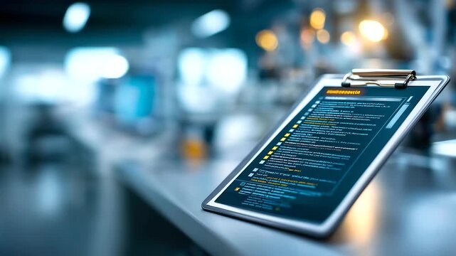 Digital clipboard with code and checklist for software testing defocused technical background automation verification process quality assurance workflow programming validation