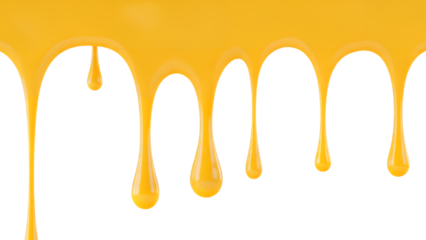A vibrant yellow liquid dripping from above, forming droplets isolated on transparent background
