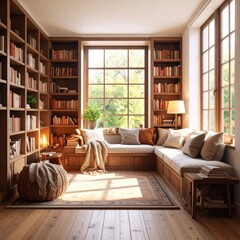 A sunlit, cozy reading nook featuring extensive built-in bookshelves and a comfortable window seat.