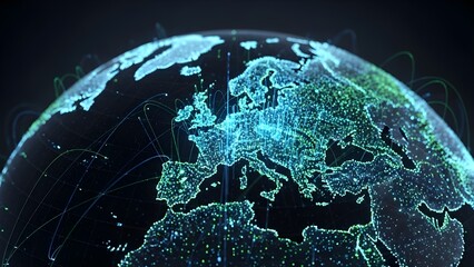 arth (focus on Europe) represented by little dots, binary code and lines - big data, global business, cryptocurrency 3D render black gradient background 