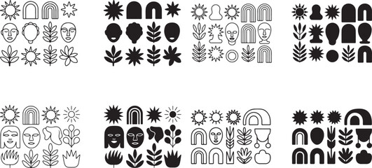 Black and white minimalist icons of faces plants and sun on white background
