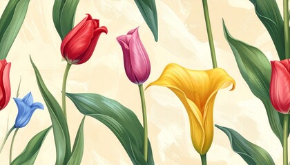Vibrant tulips and calla lily flowers in colorful bloom