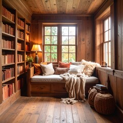 A warm and inviting rustic reading nook with a window seat, bookshelves, and soft lighting.