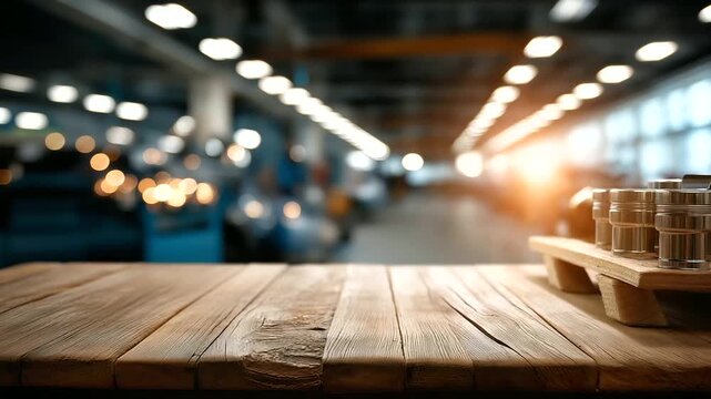 Empty wooden workbench in automotive repair facility defocused blurred shop background workspace preparation scene maintenance environment display service area visualization