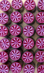Crimped shotgun shells, ammo standing on end for an shooting background 