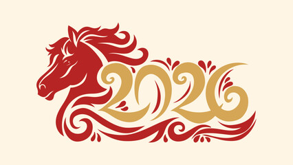 Chinese New Year Elegant horse head illustration with flowing mane and decorative 2026 text © Sixer's Design
