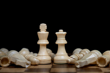light colored white king and queen chess pieces standing as all other game pieces have been surrendered