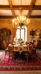 An elegant dining room features a beautifully set table beneath a grand chandelier.