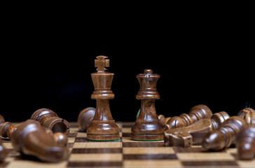 dark colored black king and queen chess pieces standing as all other game pieces have been surrendered