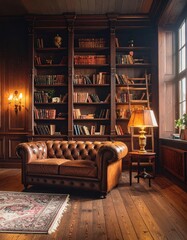 An elegant library interior with a tufted leather sofa, wooden bookshelves, and warm light.