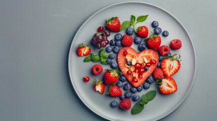 A vibrant composition of berries and fruits arranged in the shape of a heart on a plate will decorate a culinary blog or healthy eating advertisement as an appetising backdrop.