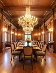 An opulent dining hall with a long wooden table, many chairs, and sparkling crystal chandeliers.