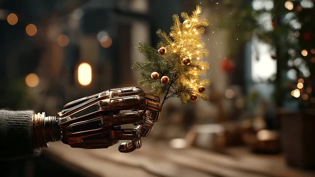 Festive robotic hand reaching for small decorated tree defocused holiday background seasonal automation scene technology celebration moment winter industrial visualization wit