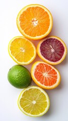 Obraz premium The strikingly juicy citrus slices and green lime on a white background reveal the freshness of nature, ideal for a bright, atmospheric backdrop in culinary blogs.