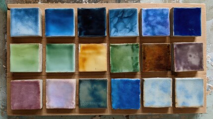 Wooden tray with 16 square tiles arranged in a grid-like pattern. each tile has a different color and texture, ranging from light blue to dark blue.