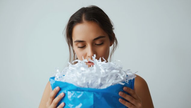 Individual with a blue recycling bag filled with shredded paper