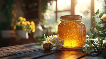 Honeycomb in a jar, sunlit, rustic setting