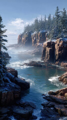 Snowy and Misty Acadia National Park Landscape in Maine, Hiking through Winter Atlantic Coastal Wilderness with Granite Cliffs and Pine Trees, Scenic New England Travel