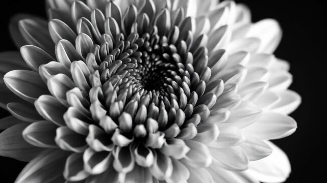 Monochrome close-up of a dahlia flower, showcasing its intricate petal arrangement and delicate texture.