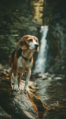 Beagle Dog at Abiqua Falls Oregon at Sunset, Hiking Trail to Famous Pacific Northwest Waterfall, Adventure Dog in Marion County Mountains, Travel Destinations Portland Area