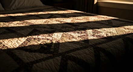 Sunlight streams across a bed with patchwork quilt in a dimly lit room