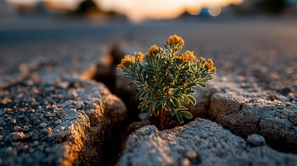 Small, vibrant plant flourishing in a crack on an asphalt road