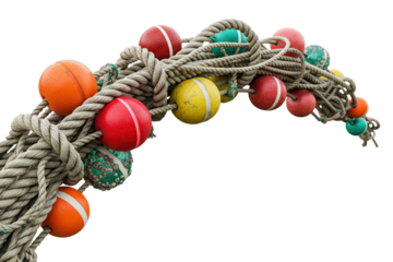Colorful plastic fishing net floats attached to thick rope on a transparent background