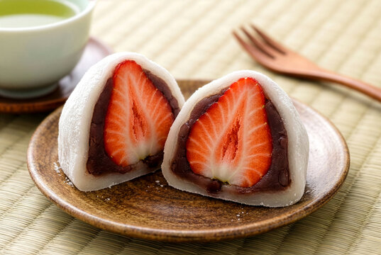 Close-up of halved Japanese strawberry daifuku mochi on a ceramic plate with green tea and wooden fork