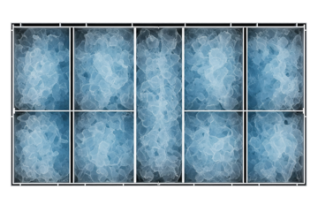 Rectangular metal bin filled with cold blue crushed ice on a transparent background