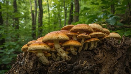 Inedible fungi sprout from a tree trunk in the woods