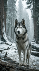 Siberian Husky Dog Standing in Snowy Sequoia National Park California, Winter Hiking and Adventure Travel in Ancient Forest, Scenic Alpine Wilderness Landscape and Nature Exploration