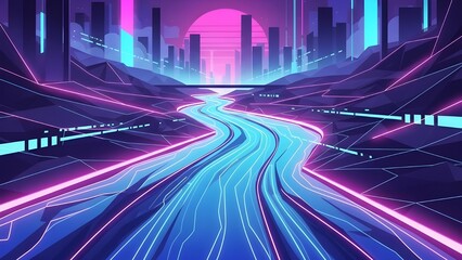 Futuristic gradient riverscape, with neon-bled contour lines and pixel-flare trails, synthwave vector backdrop