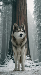 Siberian Husky Dog Standing in Snowy Sequoia National Park California, Winter Hiking and Adventure Travel in Ancient Forest, Scenic Alpine Wilderness Landscape and Nature Exploration
