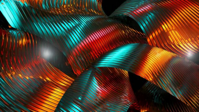 Interwoven metallic waves with vibrant gradients and reflective textures forming dynamic abstract surface with depth and motion