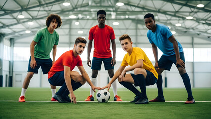 Group of five diverse young male soccer players in colorful athletic wear posing on indoor field with soccer ball ready for game or practice session in sports facility