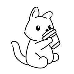Obraz premium Cute cat holding a to go coffee cup, simple cartoon cat line art outline illustration.