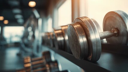 Motivational metal dumbbell equipment on rack inside modern gym with bright sunlight. focused setting for fitness workout, strength training, and heavy exercise concept